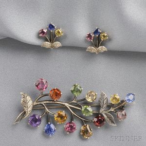 Silver Gem-set Brooch and Earclips