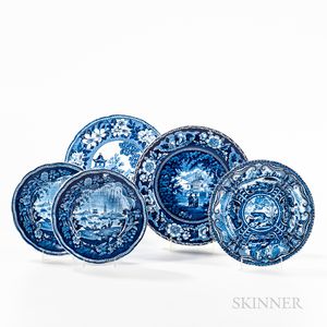 Five Staffordshire Blue Transfer-decorated Plates