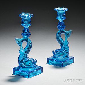 Pair of Blue Pressed Glass Dolphin Candlesticks