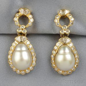 18kt Gold, Baroque Pearl, and Diamond Earpendants