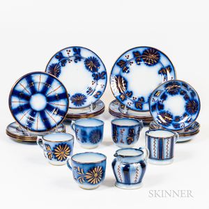 Group of Flow Blue Tableware with Copper Lustre Details