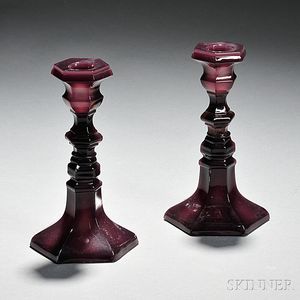 Pair of Amethyst Pressed Glass Candlesticks