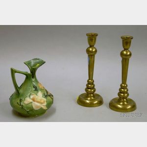 Roseville Pottery Magnolia Jug and a Pair of Emil Nagy Bronze Candlesticks