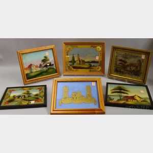 Six Framed Reverse-painted and Eglomise Glass Tablets