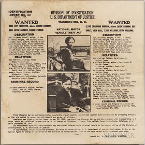 Parker, Bonnie (1910-1934) and Clyde Barrow (1909-1934) Wanted Poster, Division of Investigation, U.S. Department of Justice, May 21, 1