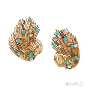 18kt Gold, Turquoise, and Diamond Earclips