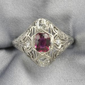 Art Deco 19kt White Gold, Ruby, and Diamond Ring