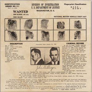 Dillinger, John (1903-1934) Wanted Poster, Division of Investigation, U.S. Department of Justice, March 12, 1934.