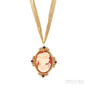 22kt Gold, Shell Cameo, Spinel, and Diamond Pendant/Brooch