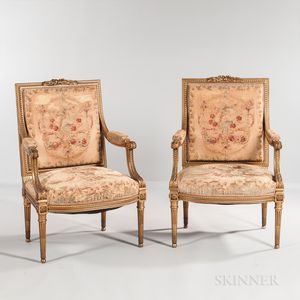 Pair of Louis XVI-style Giltwood Tapestry-upholstered Open Armchairs