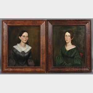 American School, 19th Century Pair of Portraits of Twin Sisters Catherine and Rachael Pittman c. 1840.