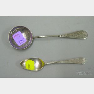 Russian Silver Sugar Sifting Spoon and a Georgian Silver Bright-cut Coffee Spoon.
