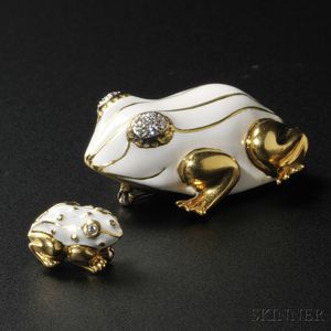 Two 18kt Gold and Enamel Frog Brooches