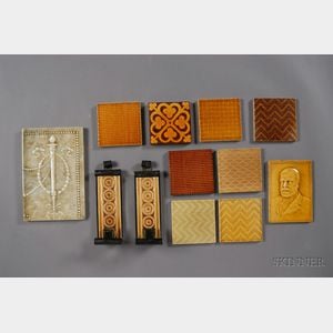 Twelve Decorated Tiles and Two Sconces: Various Makers
