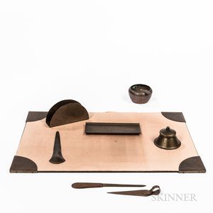Five-piece Roycroft Copper "Wood Grain" Desk Set with a Roycroft Ash Bowl and Two Arts and Crafts Letter Knives