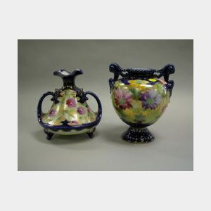 Two Nippon Handpainted Gilt Floral and Cobalt Porcelain Mantel Vases.