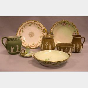 Wedgwood Light Green Jasper Dip Jug, a Drabware Jug, Bowl and Covered Jar, and Four Pieces of Handpainted Limoges Porcelain Tableware.