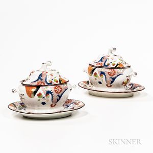 Pair of Transfer-decorated and Hand-colored Sauce Tureens and Underplates