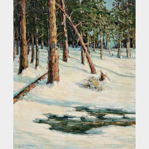 Walter Koeniger (American, 1881-1943) Sunlit Trees and Brook in Snow
