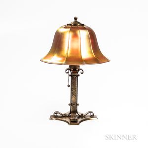 Roycroft Copper Table Lamp with Steuben Gold Aurene Glass Shade