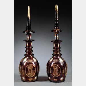 Pair of Ruby Cut-to-clear Glass Decanters