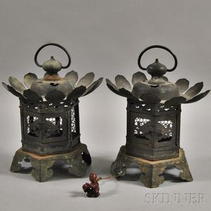 Pair of Hanging Temple Lanterns and a Carved Wood Netsuke