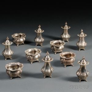 Six Sterling Silver Pepper Shakers and Five Salt Cellars
