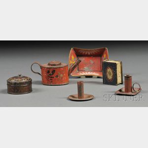 Six Miniature Paint-decorated Tinware Household Items