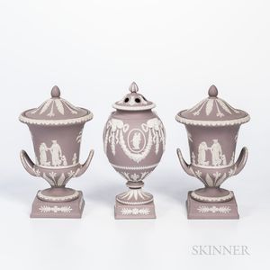 Three Wedgwood Solid Lilac Jasper Vases and Covers