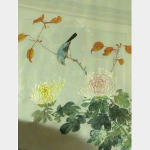 Framed Japanese Bird and Floral Painting on Silk and a Chinese Floral Decorated Porcelain Bowl.
