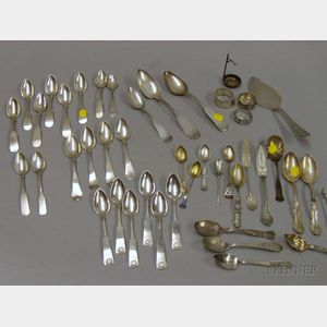 Group of Sterling and Coin Silver Spoons, Tongs, and Napkin Rings