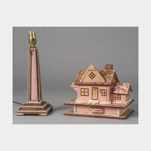 Painted Tramp Art Cottage-form Sewing Box, a Table Lamp and Three Frames.