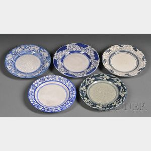 Five Dedham Pottery Decorated Dessert Plates