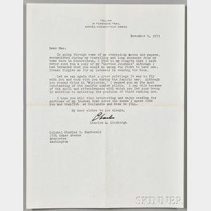 Lindbergh, Charles (1902-1974) Typed Letter Signed, 9 November 1971.