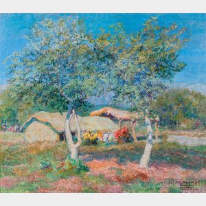 Enrique Larrañaga (Argentine, 1900-1956) Pastoral Landscape with Thatched Structure, Flowers, and Trees