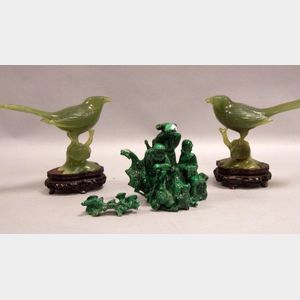 Pair of Chinese Carved Jade Birds and a Chinese Carved Malachite Figural Group.
