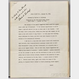 Lindbergh, Charles (1902-1974) Typed Speech Signed, 1954.