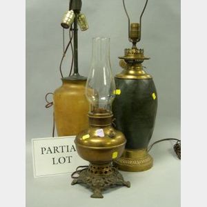 Yellow and Green Glazed Pottery Table Lamps, an Onyx Baluster Table Lamp and a Brass Kerosene Lamp.