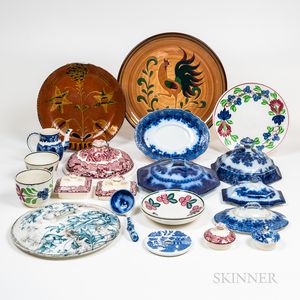 Group of Ironstone and Pottery Lids, Stick Spatter, and Redware