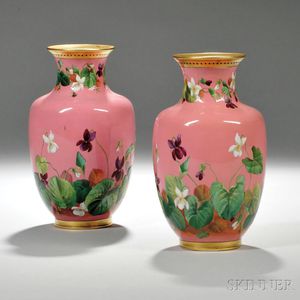 Pair of Hand-painted Floral-decorated Pink Ceramic Mintons Vases