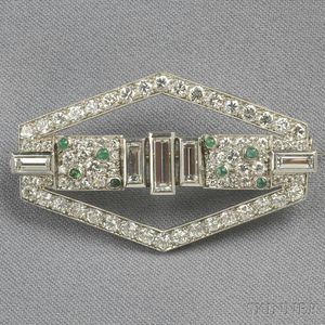 Platinum, Emerald, and Diamond Brooch