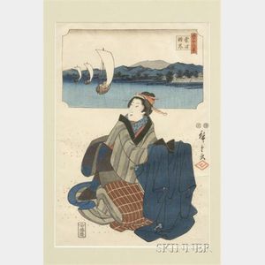 Hiroshige: Woman Kneeling with Husband's Kimono While Dreaming of Sailboats Leaving Kuwana Port