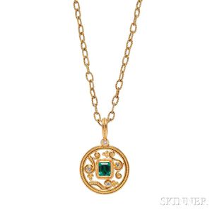 22kt Gold, 18kt Gold, Emerald, and Diamond Pendant Necklace, Zaffiro