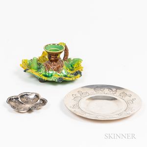 Majolica Chamberstick, Sterling Silver Baby or Child's Dish, and a Miniature Plate