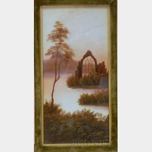 Framed 19th Century British School Oil on Celluloid Landscape with Ruins of a Gothic Cathedral