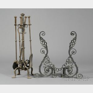 Pair of Jacobean-style Wrought-iron Andirons and Set of Associated Fire Tools