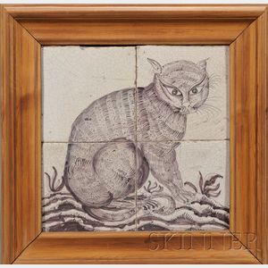 Four Tile Dutch Delft Cat Portrait