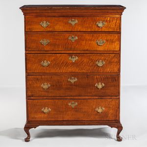Tiger Maple Tall Chest of Five Drawers