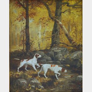 A. Emil Prinz (American, b. 1856) Two Hunting Dogs (English Pointers) by a Woodland Stream.