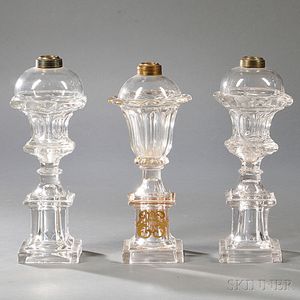 Three Clear Pressed Glass Monument Whale Oil Lamps